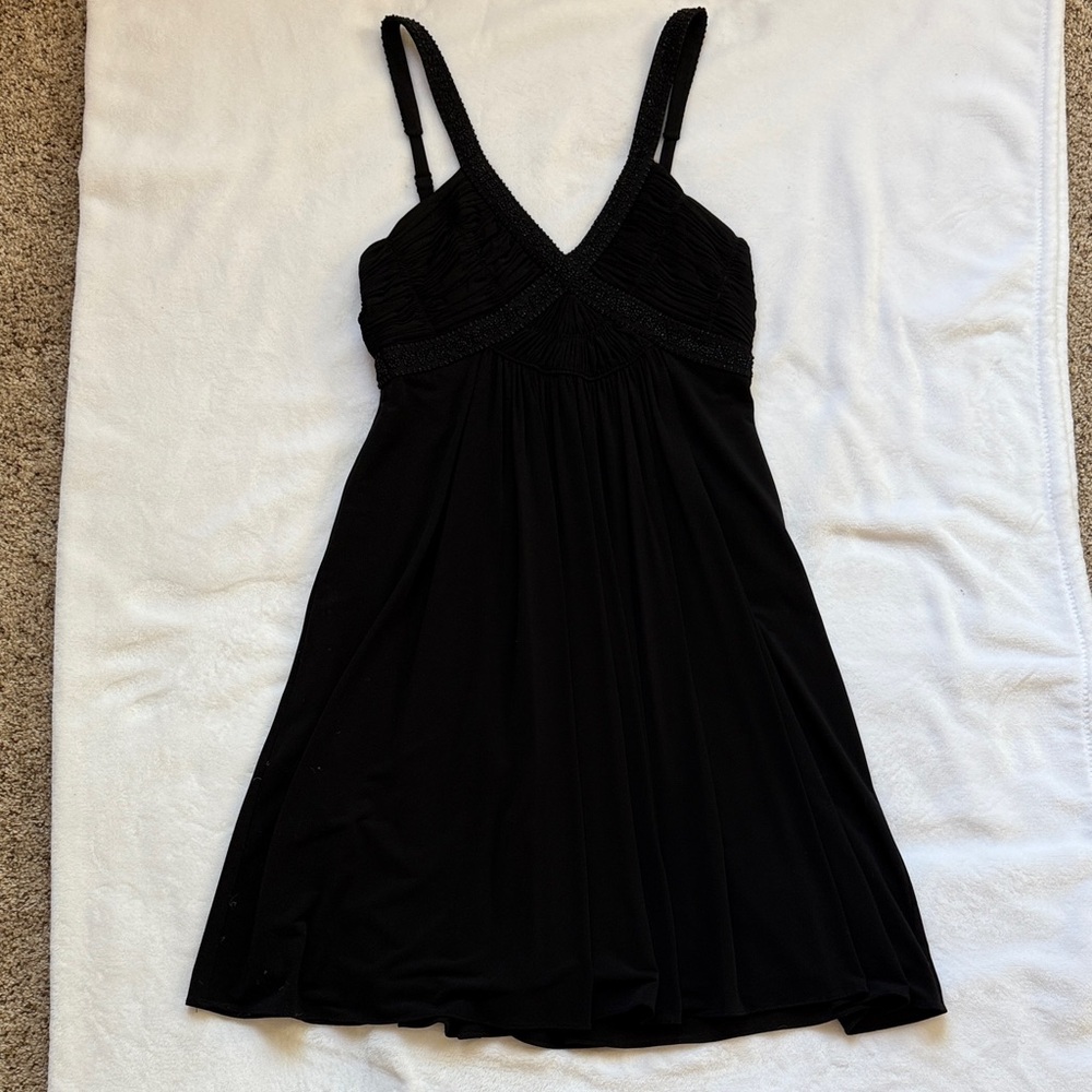 BCBGMaxAzria Black V-Neck Slip Dress with Beaded Trim